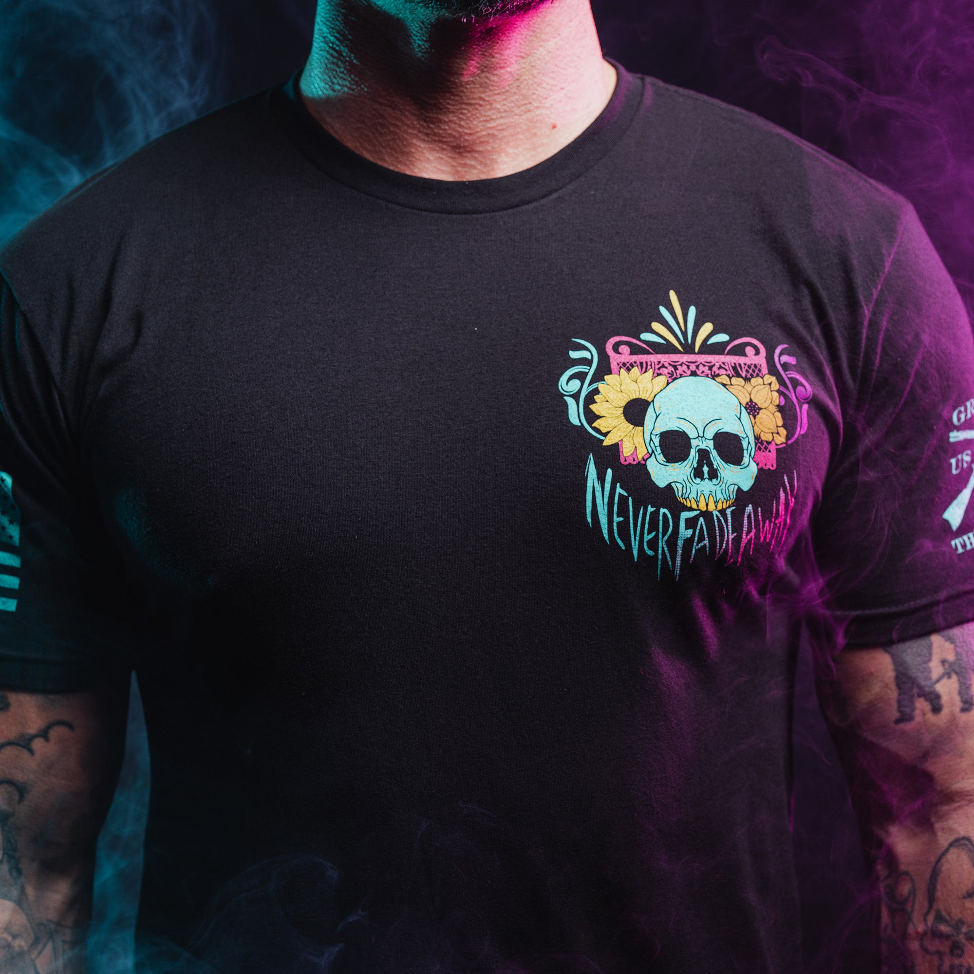 Never Fade Away T-Shirt - Black, Day of the Dead Mariachi  Skull Graphic Tee Shirt | Grunt Style