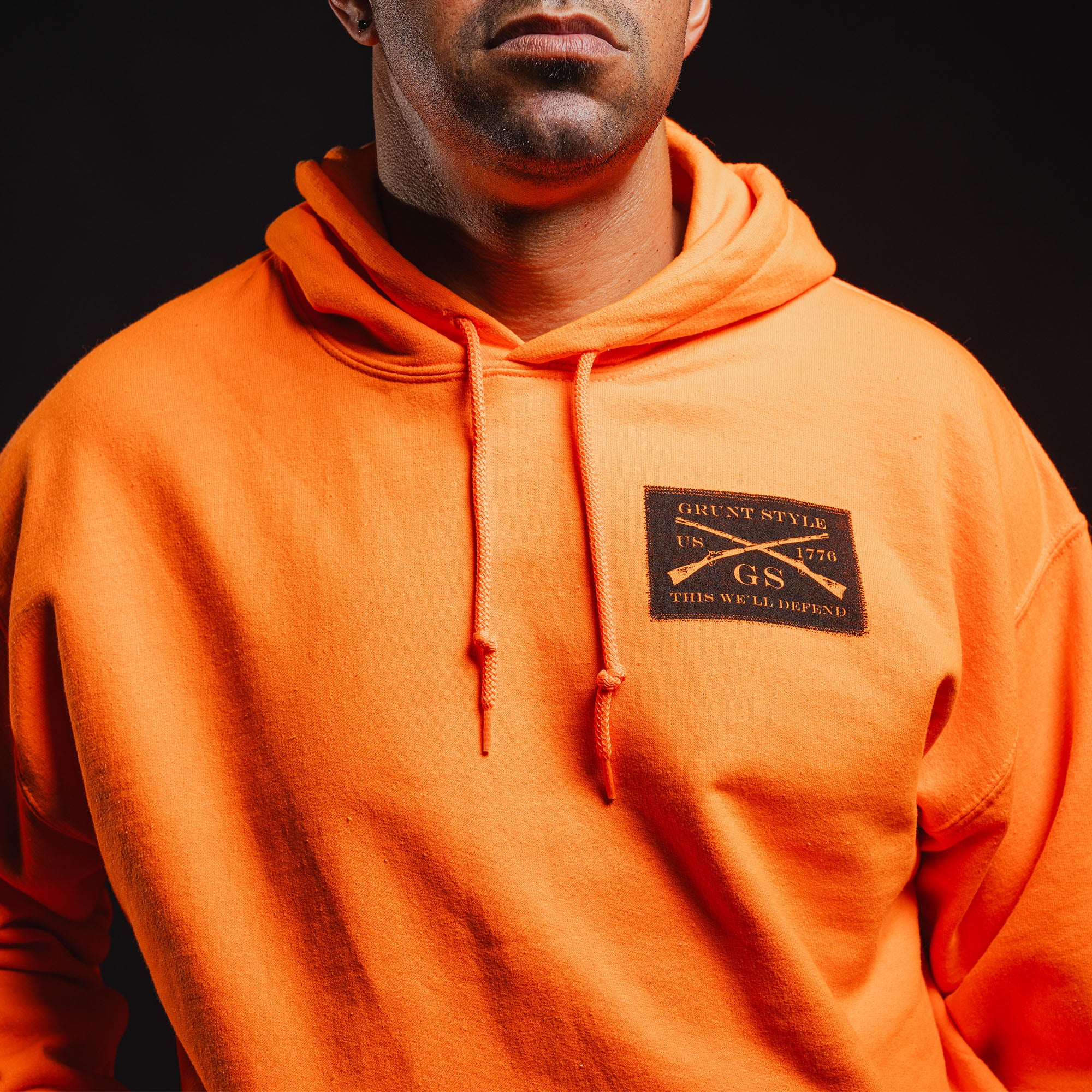 Halloween Patch Hoodie - Safety Orange mens halloween Patriotic long sleeve | Grunt Style