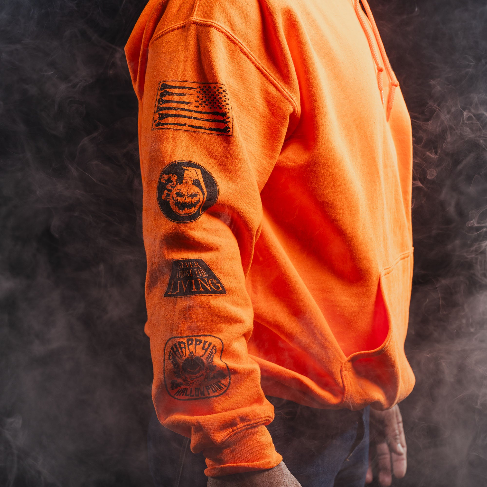 Halloween Patch Hoodie - Safety Orange mens halloween Patriotic hoodie long sleeve | Grunt Style