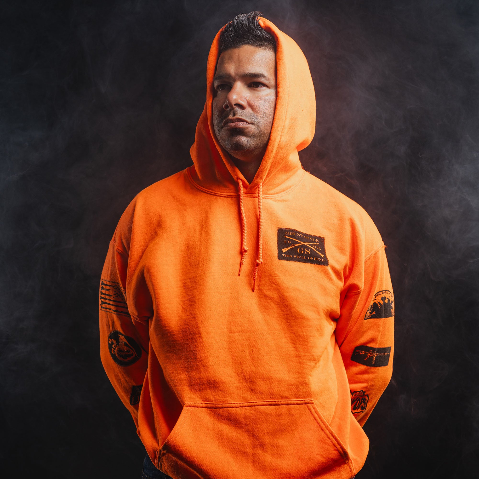 Halloween Patch Hoodie - Safety Orange mens halloween long sleeve | Grunt Style

