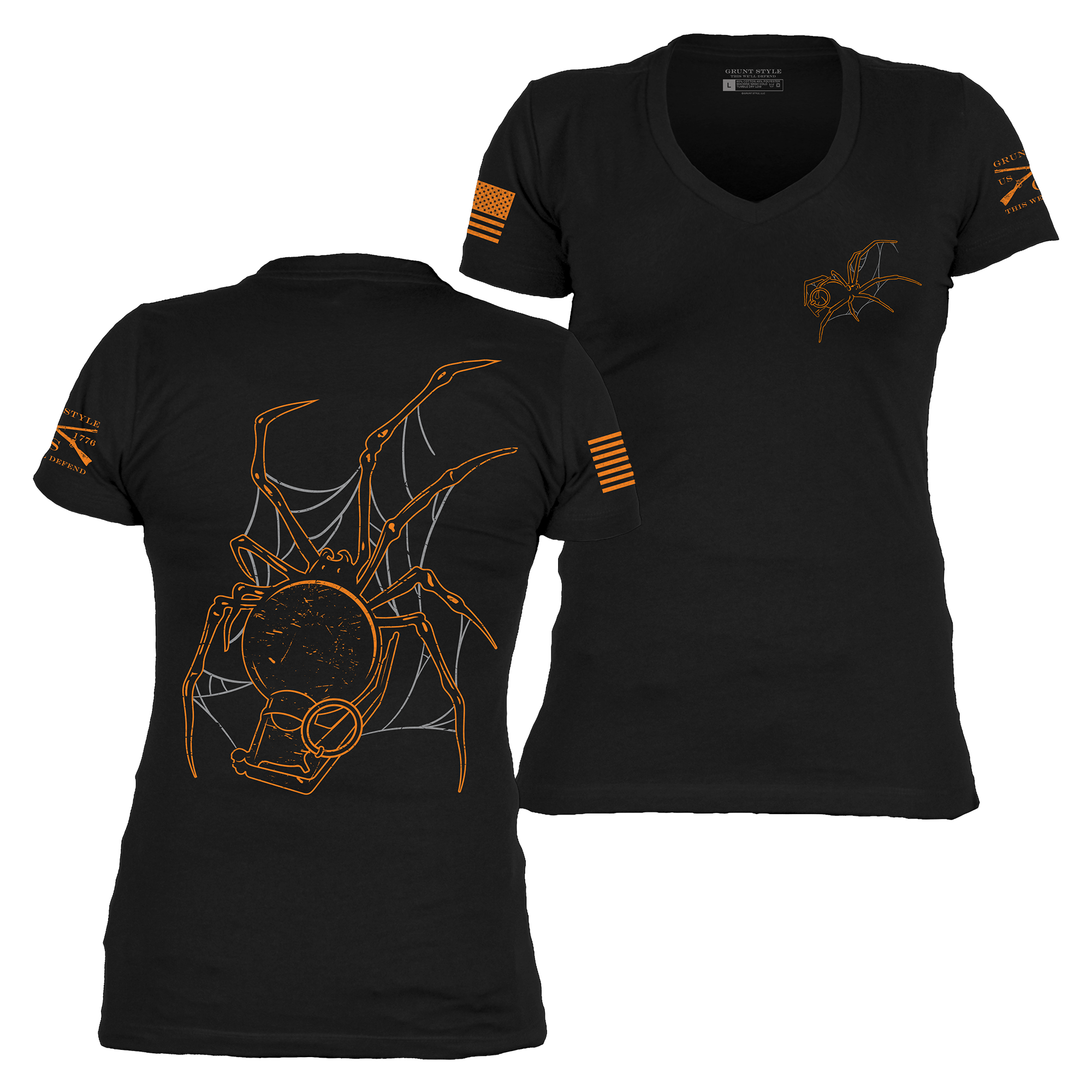 Women's Arachnoblast V-Neck womens front and back halloween tee | Grunt Style