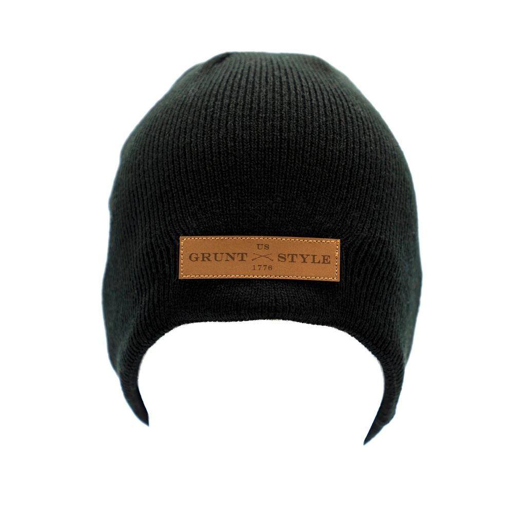 Leather Patch Beanie - Black