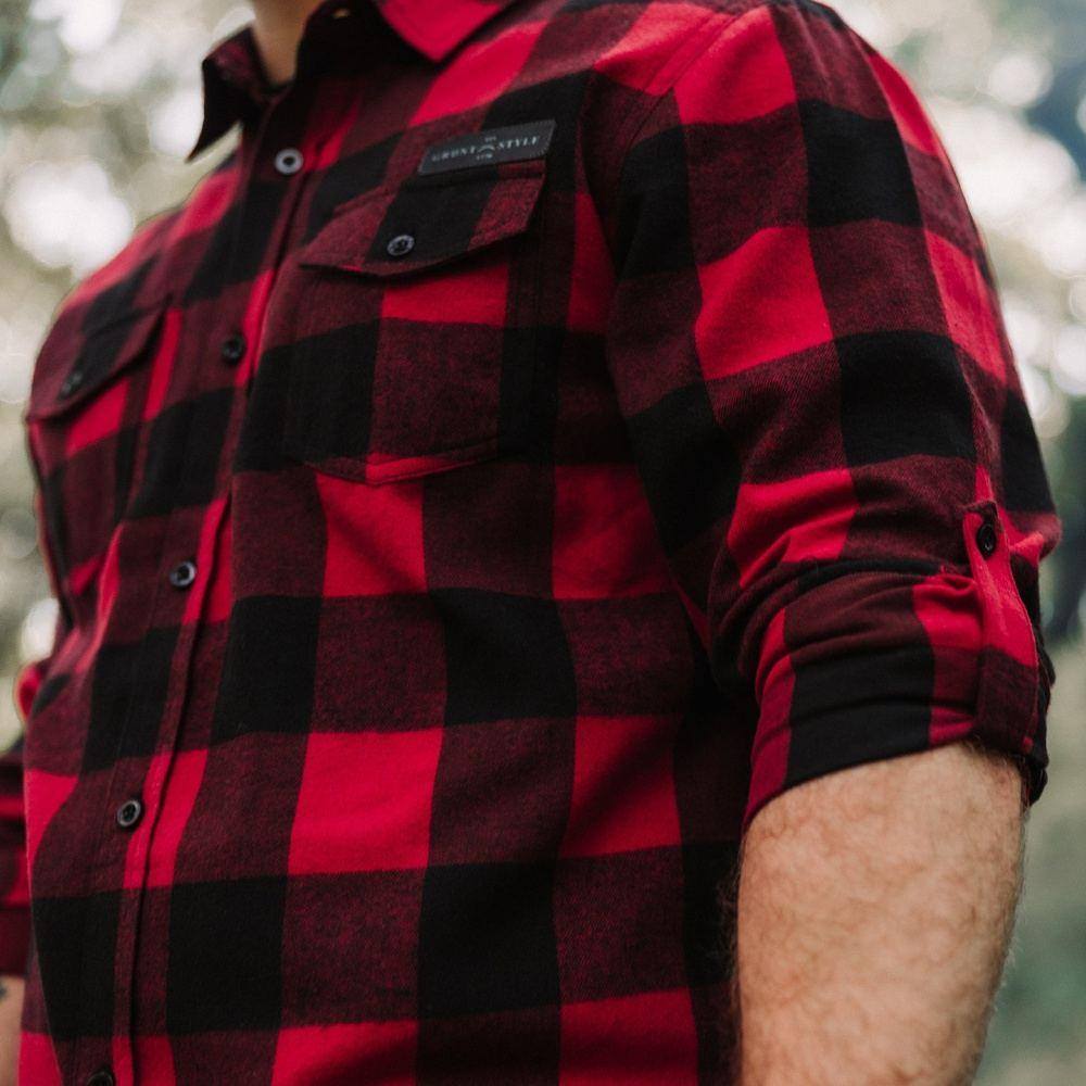 Minimalist Red Grunge Buffalo Plaid Check Black Thermal Flannel popular Button Up Top